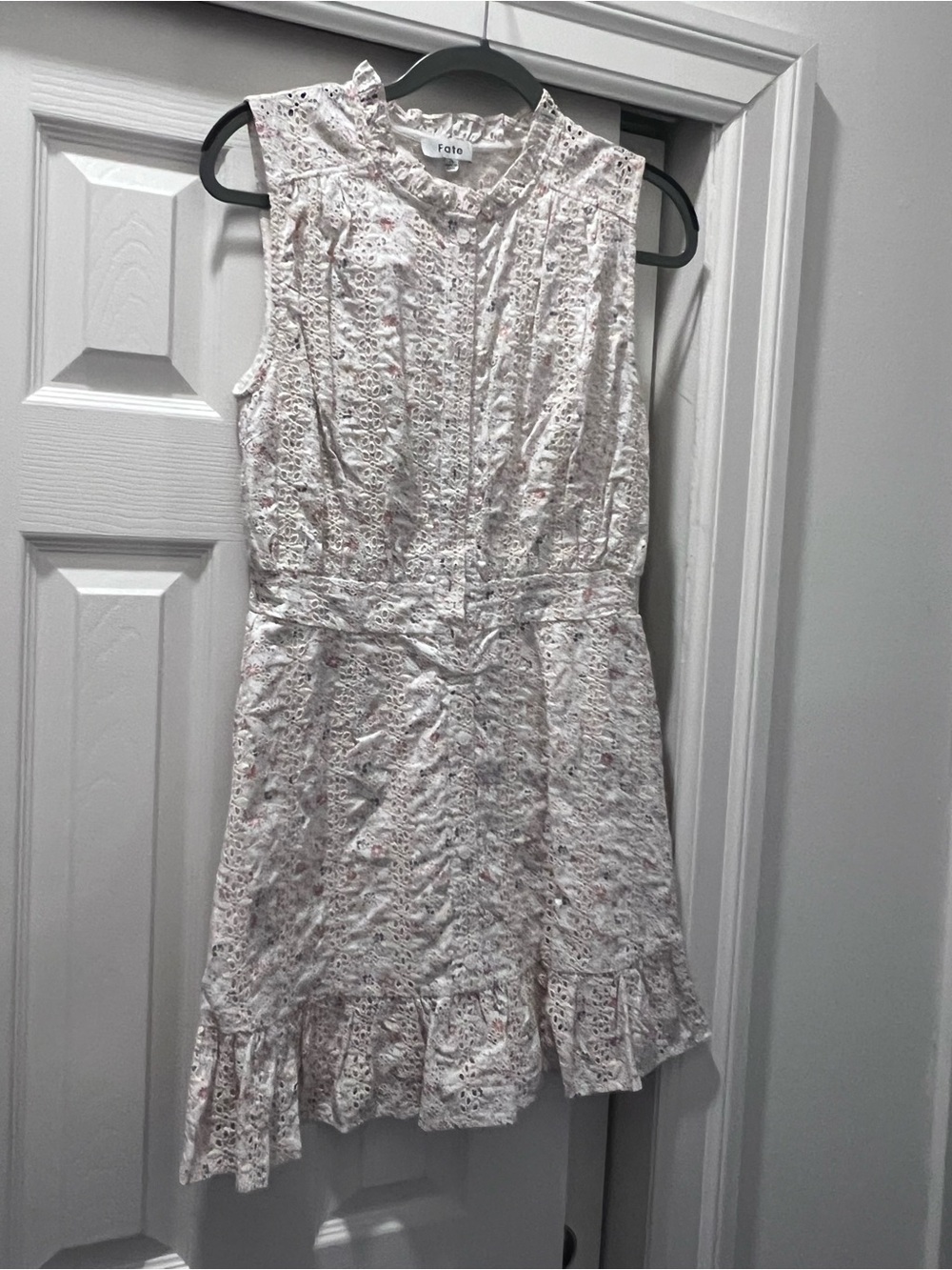 Fate White Eyelet Sleeveless Ruffle-Hem Dress with Subtle Pink Accents